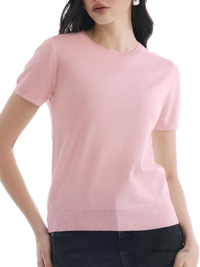 Lightweight Wool Blend Pullover Sweater Short Sleeve Crew Neck